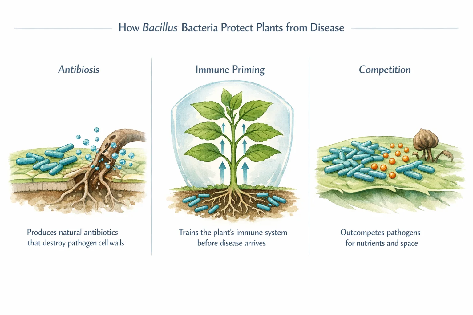 Three-panel diagram showing how Bacillus bacteria protect plants: left panel shows bacteria producing lipopeptide molecules that rupture a fungal hypha (antibiosis), centre panel shows a plant with defence signals spreading from root to leaf (immune priming), right panel shows bacteria outcompeting a pathogen for nutrients (competition)