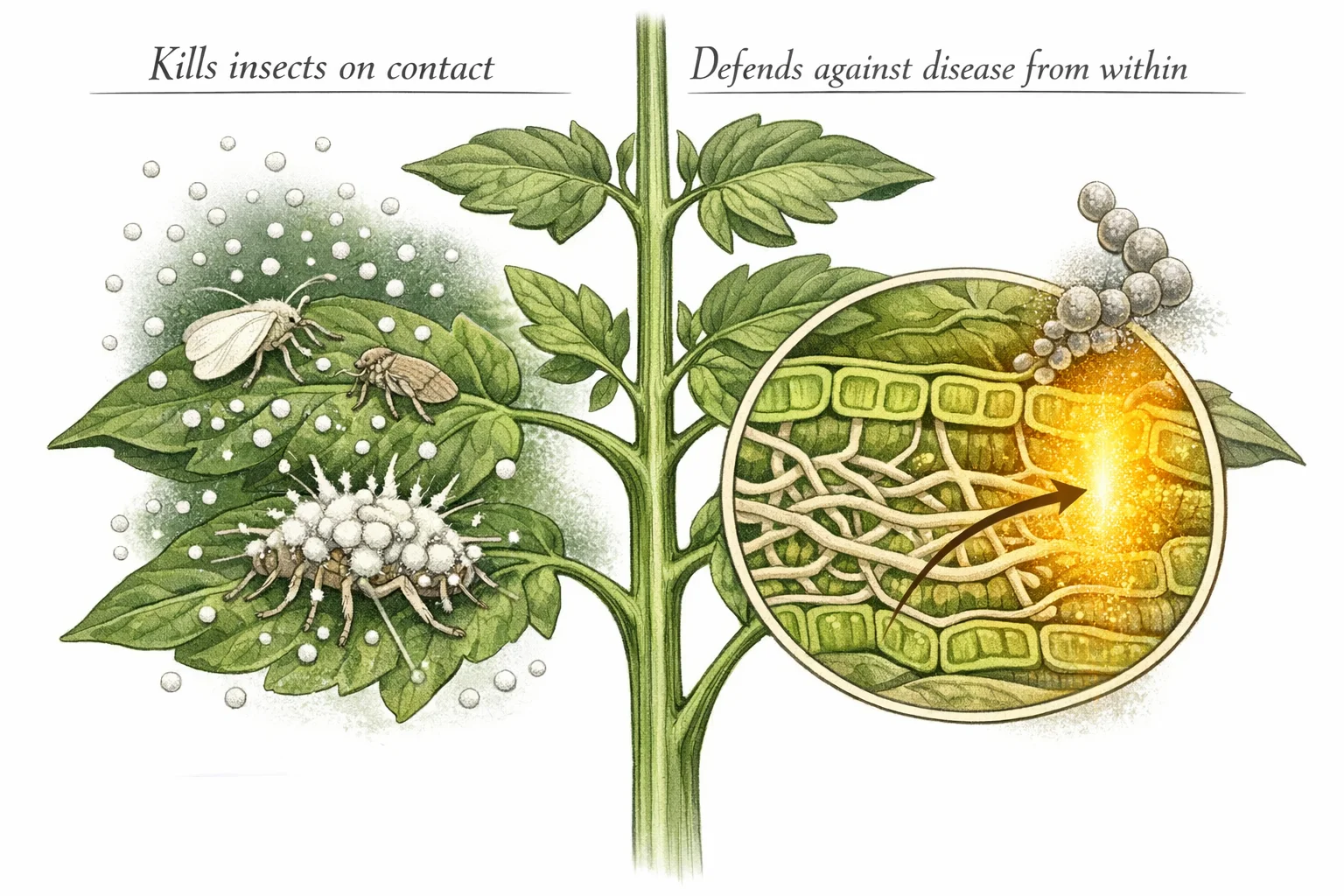 Two-panel illustration of Beauveria bassiana: left side shows white fungal spores infecting an aphid, right side shows a magnified leaf cross-section with endophytic hyphae and a suggested plant-defence response