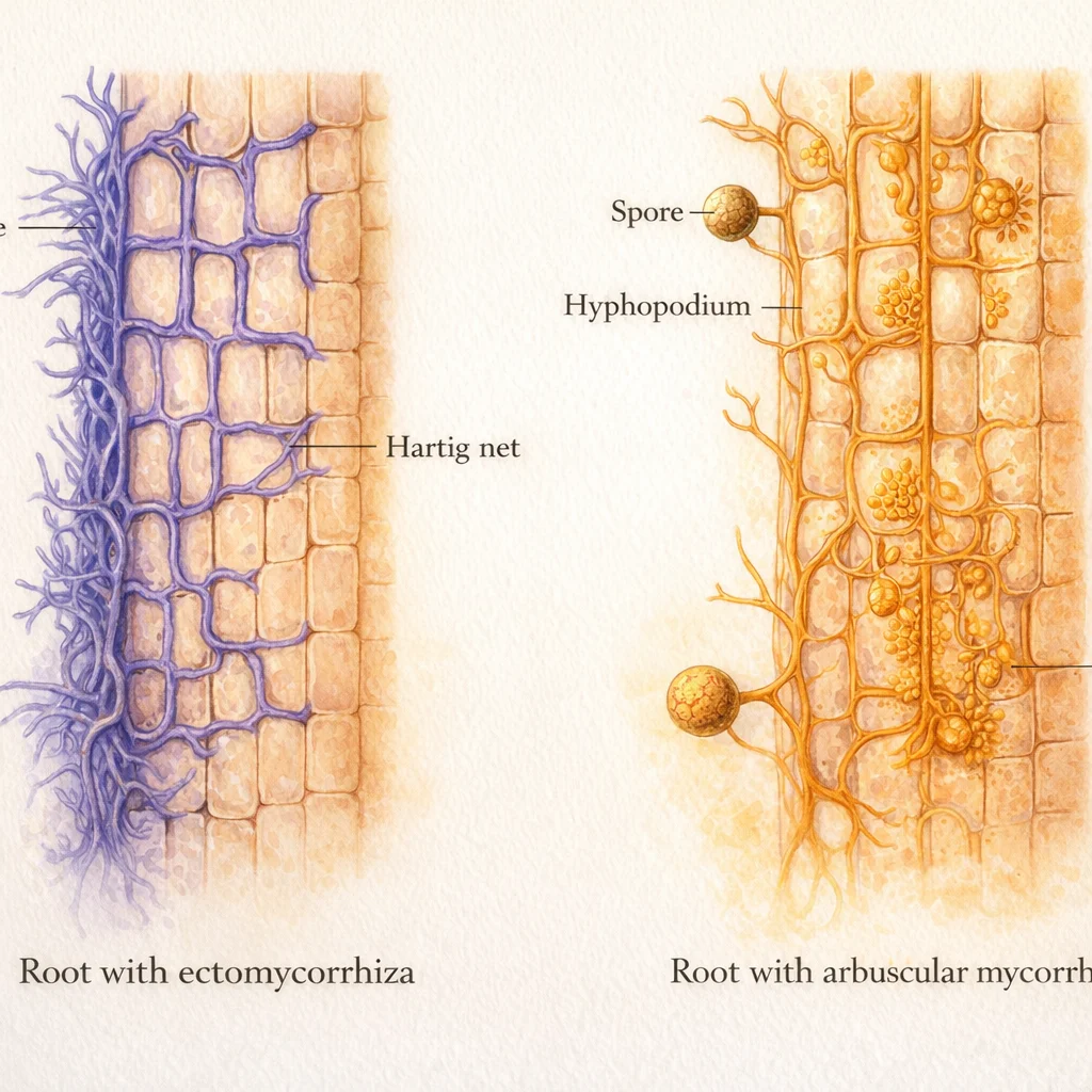 Side-by-side botanical illustration comparing ectomycorrhizal (EcM) and arbuscular mycorrhizal (AM) root anatomy. Left: EcM — a blue-violet fungal mantle sheaths the root exterior, with the Hartig net growing between cells only, never entering them. Right: AM — a golden trunk hypha threads between cells, sending branches inside each cell where they form tree-like arbuscules, with vesicles and an external spore visible.