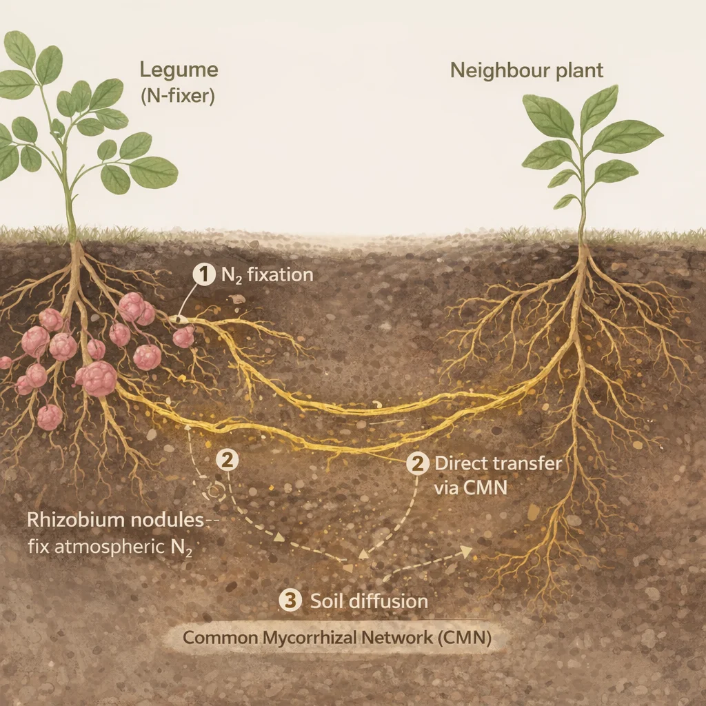 How legumes share nitrogen with neighbours through mycorrhizal networks: nitrogen fixation at nodules and transfer through a common mycorrhizal network (CMN)