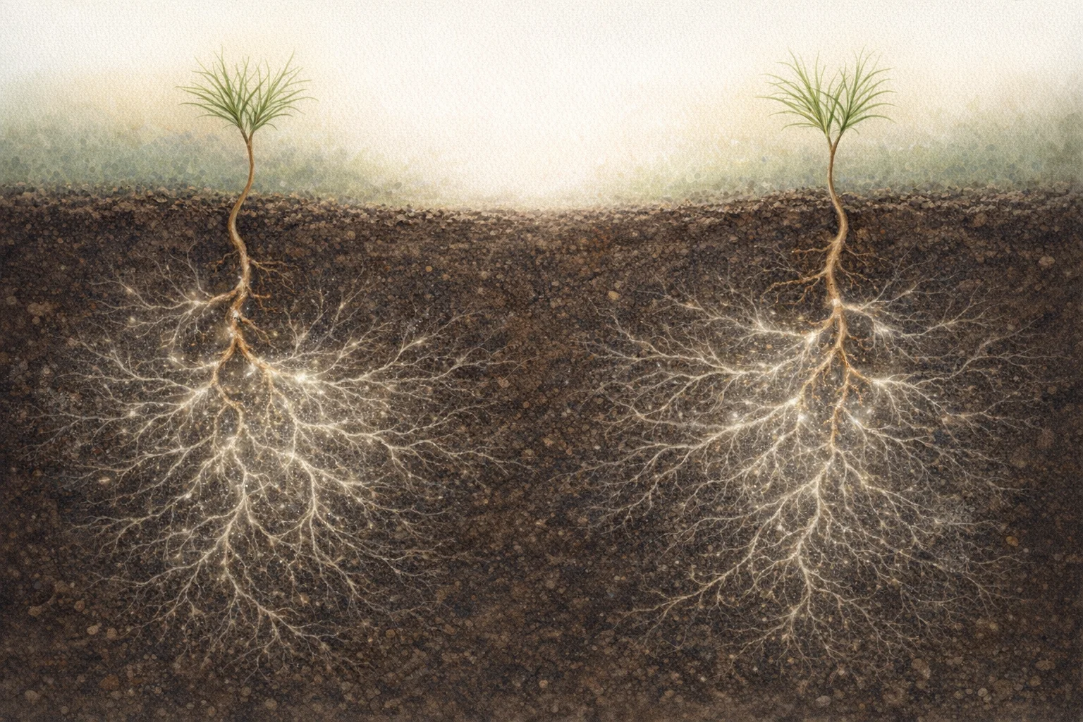 Soil cross-section showing two small green plants connected beneath the ground by an extensive network of fine white fungal hyphae (mycorrhizal mycelium) threading through dark earth
