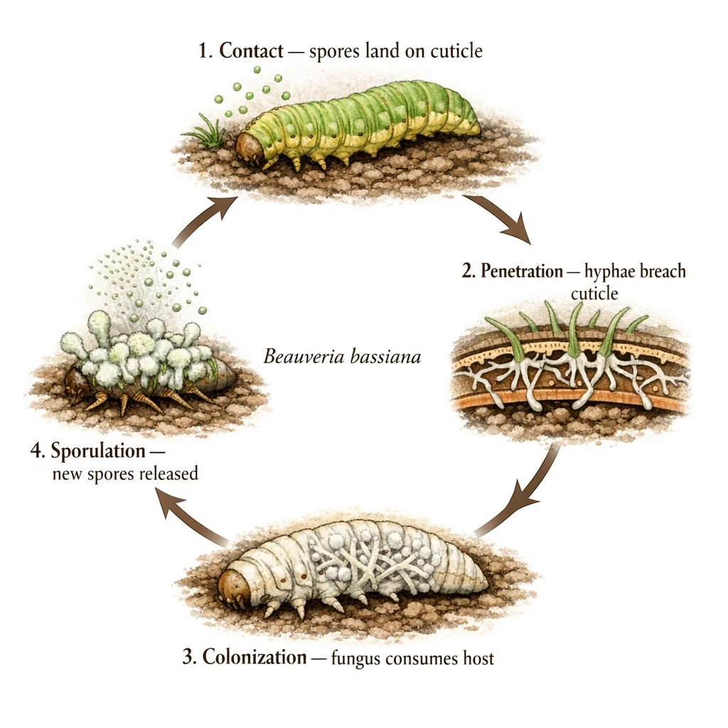 Beauveria bassiana infection cycle: 1) Contact — spores land on cuticle, 2) Penetration — hyphae breach cuticle, 3) Colonization — fungus consumes host, 4) Sporulation — new spores released