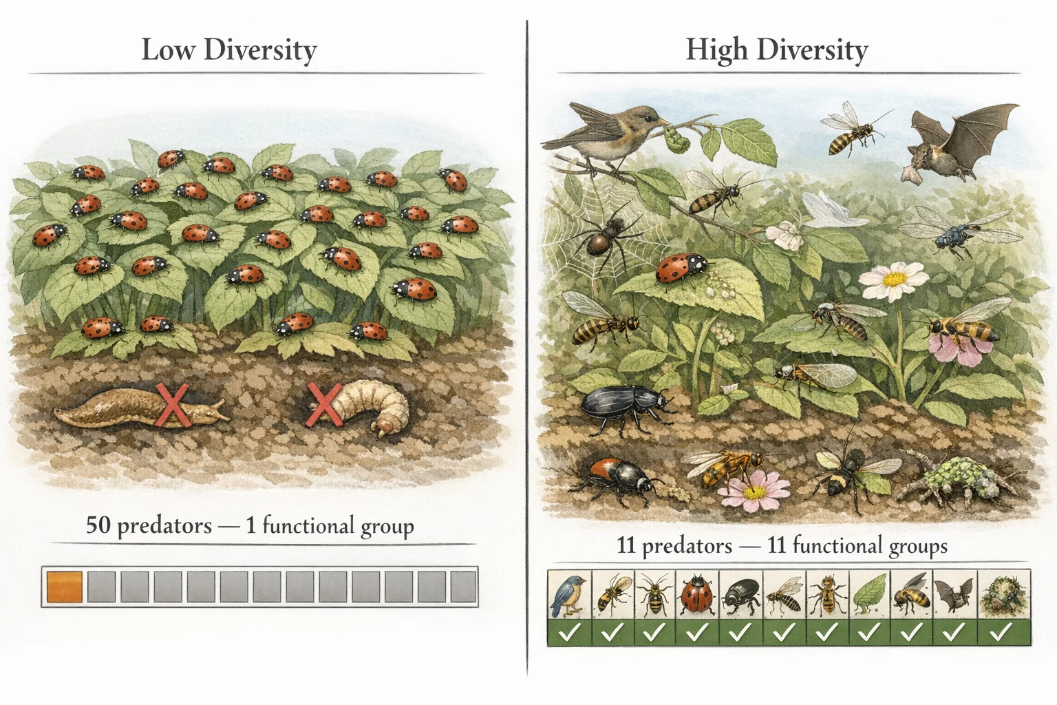 Comparison of low diversity (50 identical ladybirds, 1 functional group) vs high diversity (11 different predator types, 11 functional groups) for garden pest control