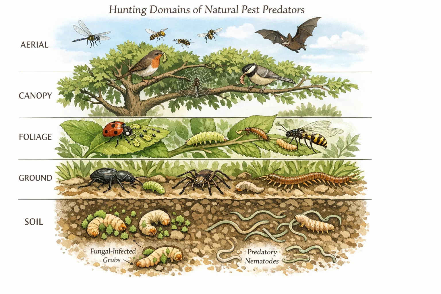 Garden cross-section showing 5 hunting domains: aerial (bats, dragonflies), canopy (birds, spiders), foliage (ladybirds, wasps, lacewings), ground (beetles, wolf spiders), and soil (entomopathogenic fungi, nematodes)