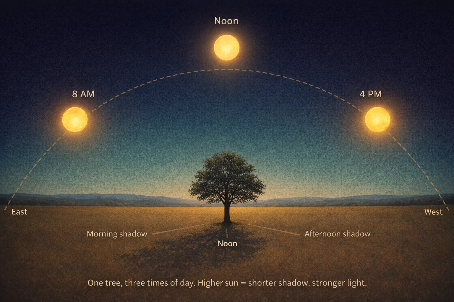 One tree casting three shadows throughout the day — morning shadow long to the west, noon shadow short below, afternoon shadow long to the east