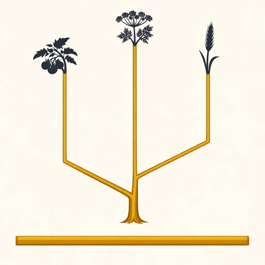 Phylogenetic tree of tomato, fennel and lavender with very long branches — each plant contributes large amounts of unique evolutionary history.
