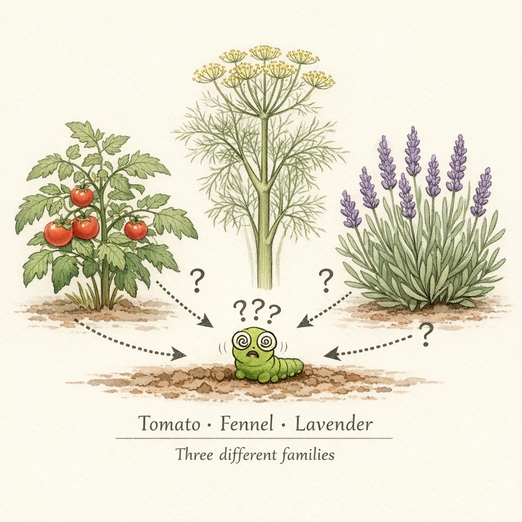 High diversity guild: three plants from different families (tomato, fennel, lavender) with a confused caterpillar surrounded by question marks, unable to recognise any neighbour.