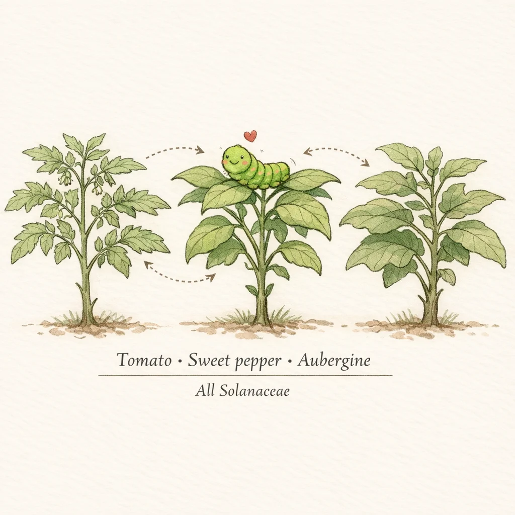 Low diversity guild: three similar Solanaceae plants (tomato, sweet pepper, aubergine) with a happy caterpillar hopping freely between them.