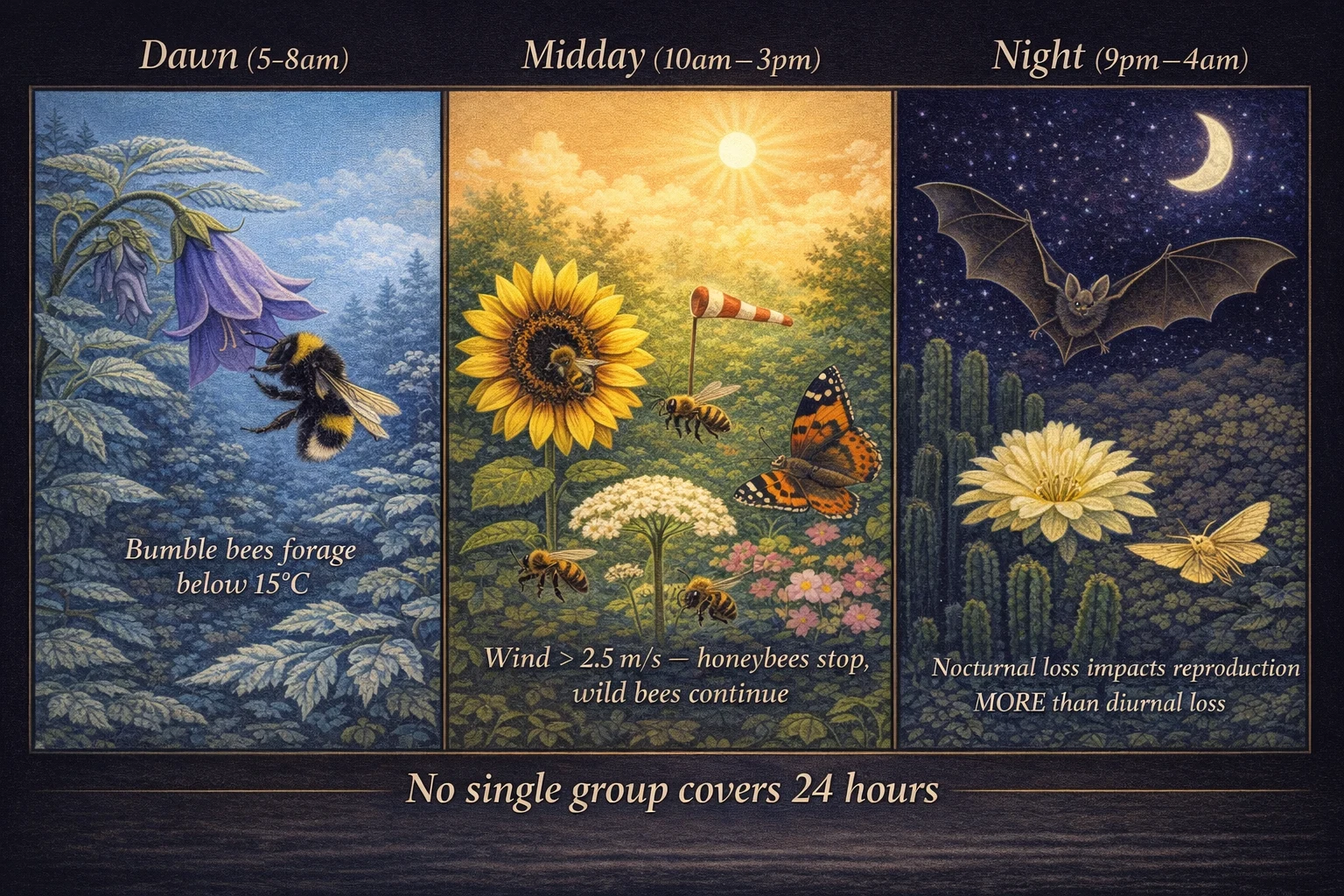 24-hour pollination timeline showing Bumblebees active at dawn, Honey Bees at midday (gap in wind), Small Bees late morning, Hoverflies afternoon, Moths and Bats at night — no single group covers the full cycle