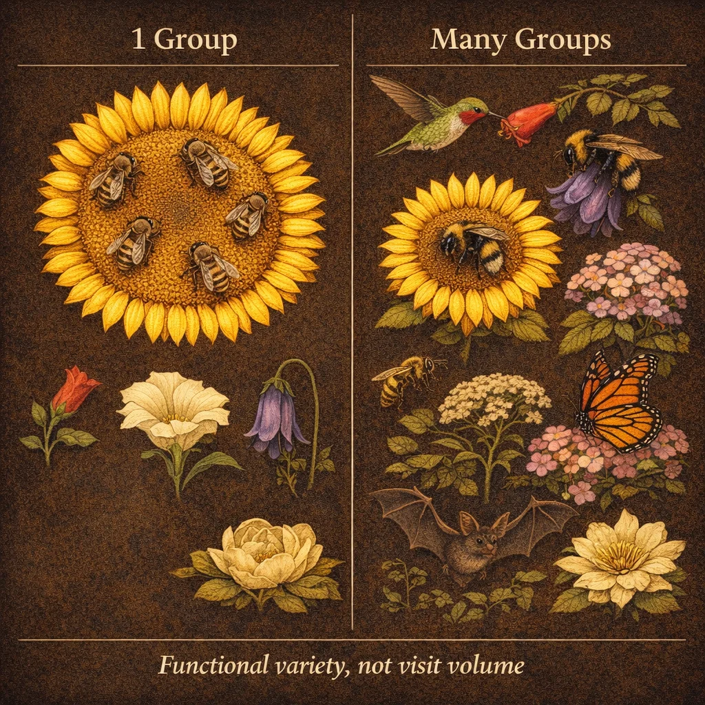 Comparison of low diversity (50 identical honeybees on one sunflower, 1 functional group) vs high diversity (13 different pollinator types covering every flower shape and time of day, 13 functional groups)