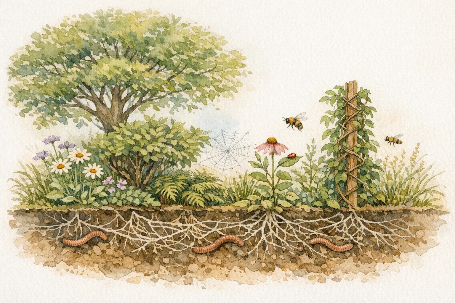 Watercolour cross-section of a diverse garden: a canopy tree, understory shrub, groundcover herbs, ferns, and a climbing vine — with root networks, earthworms, a spider web, bees, and a ladybird showing life at every layer