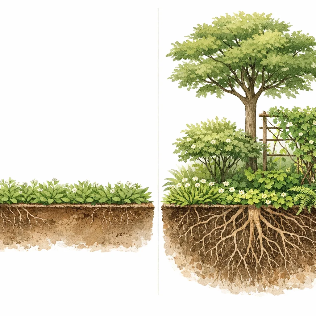 Side-by-side cross-section: a flat herb-only garden with shallow roots (left) versus a five-layer garden with tree, shrub, herbs, vine, and fern showing deep varied root systems (right)