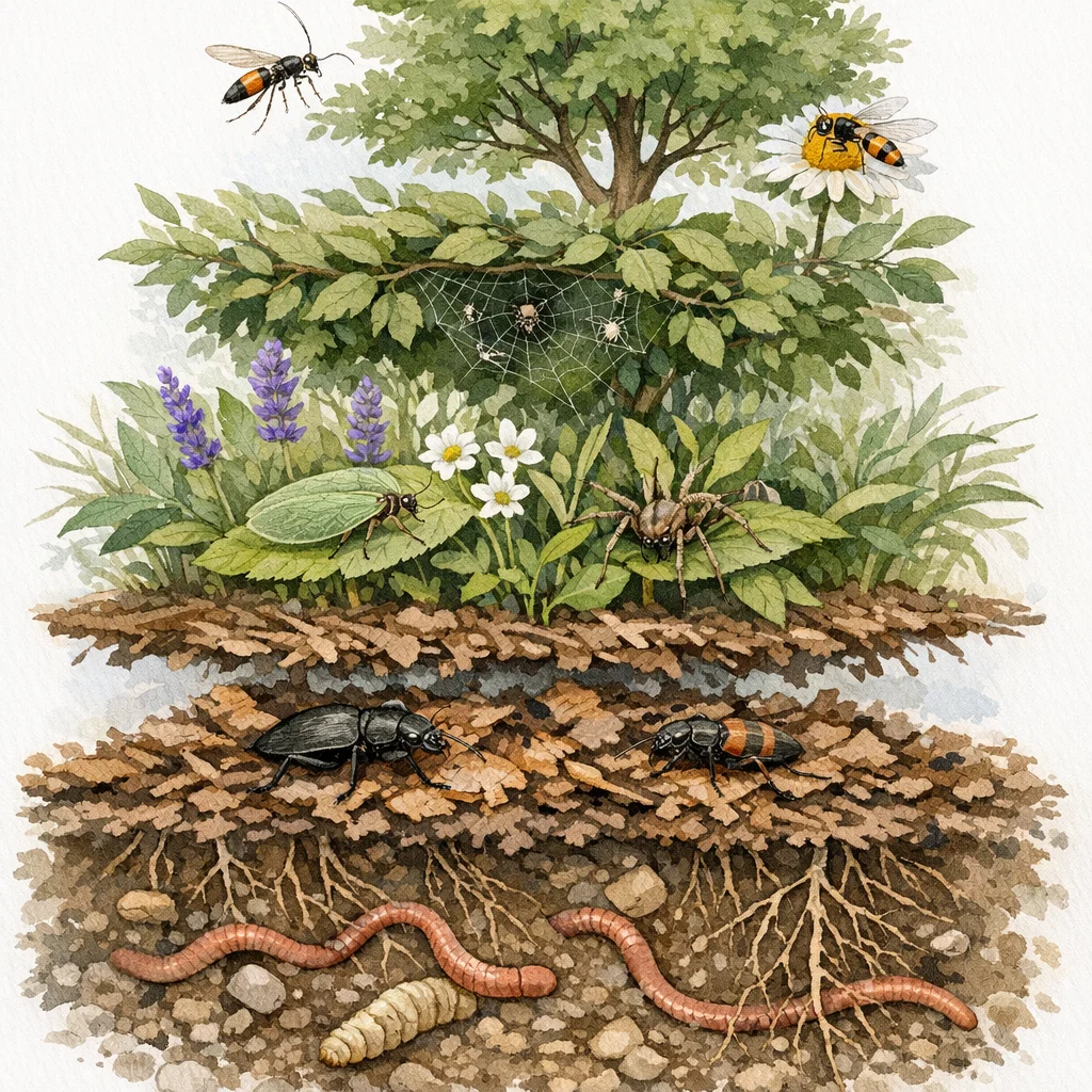 Cross-section of a layered garden showing beneficial predators at each level: spiders in herb and shrub layers, parasitoid wasps at canopy, earthworms in soil