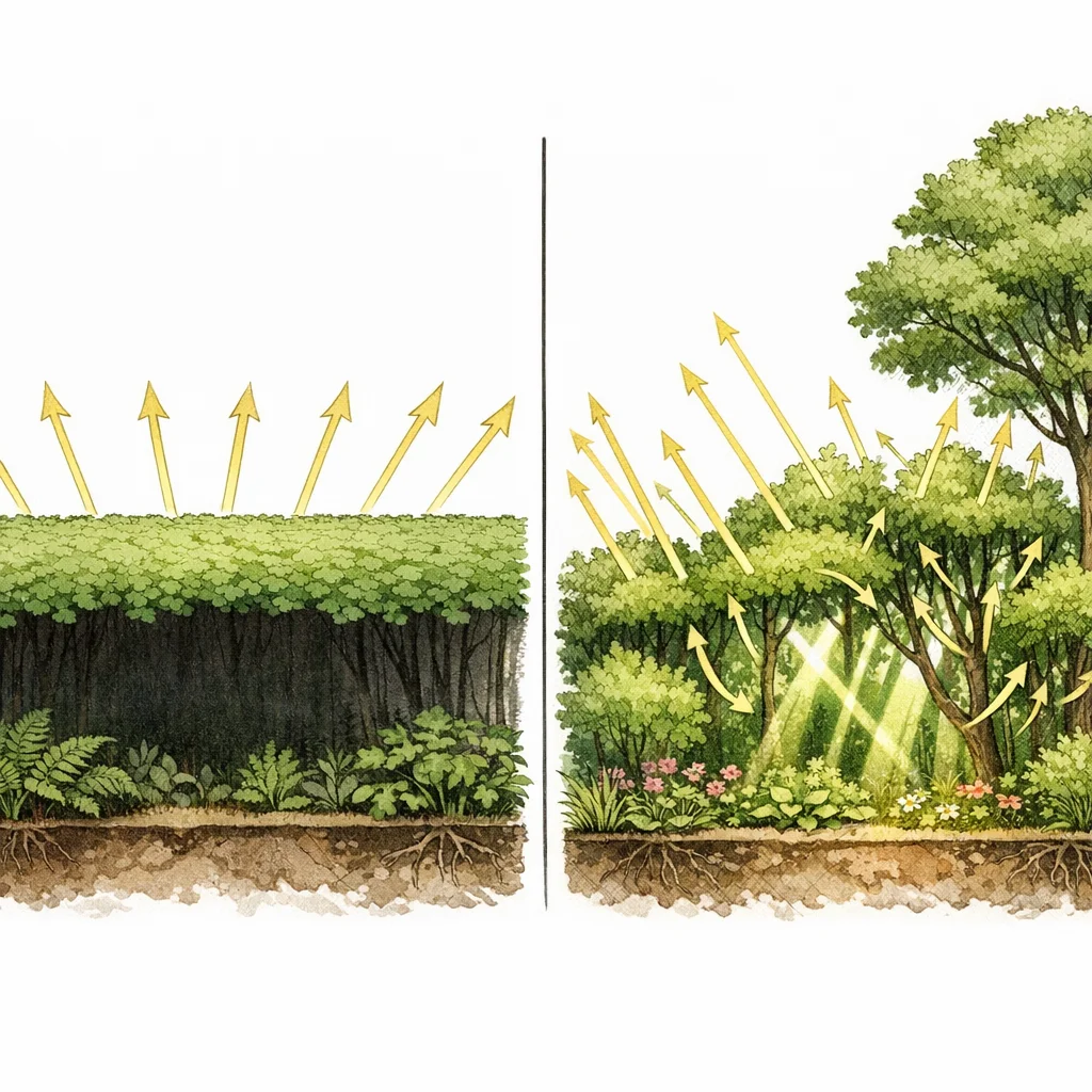 Side-by-side comparison: flat uniform canopy with light bouncing off the top (left) versus bumpy varied-height canopy with light penetrating through gaps to the ground (right)