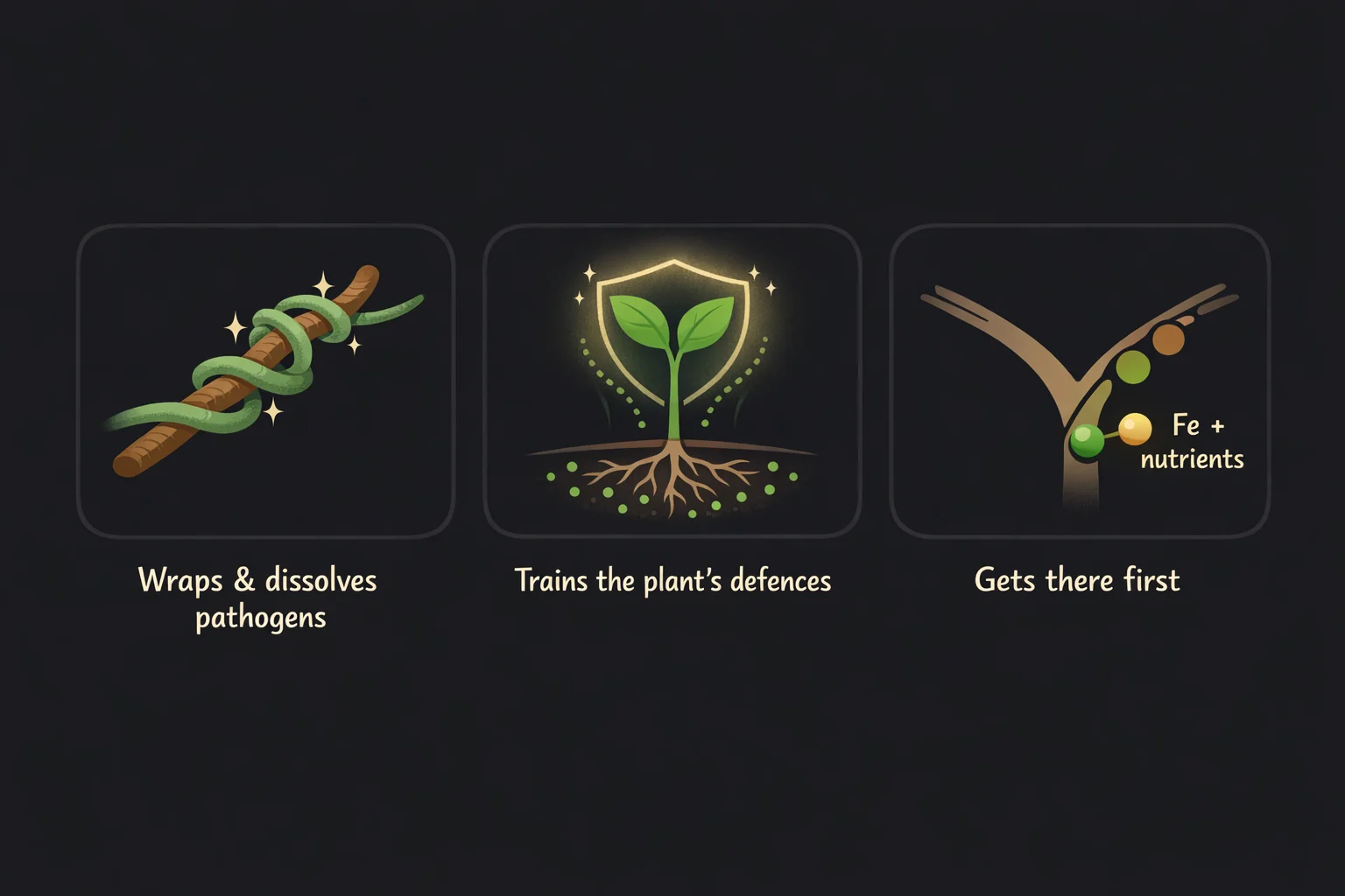 Three-panel diagram showing how Trichoderma protects plants: left panel shows green hyphae coiling around a brown pathogen (wraps and dissolves pathogens), centre panel shows a plant with a defensive shield activated from root colonisation (trains the plant's defences), right panel shows Trichoderma reaching nutrients before the pathogen (gets there first)