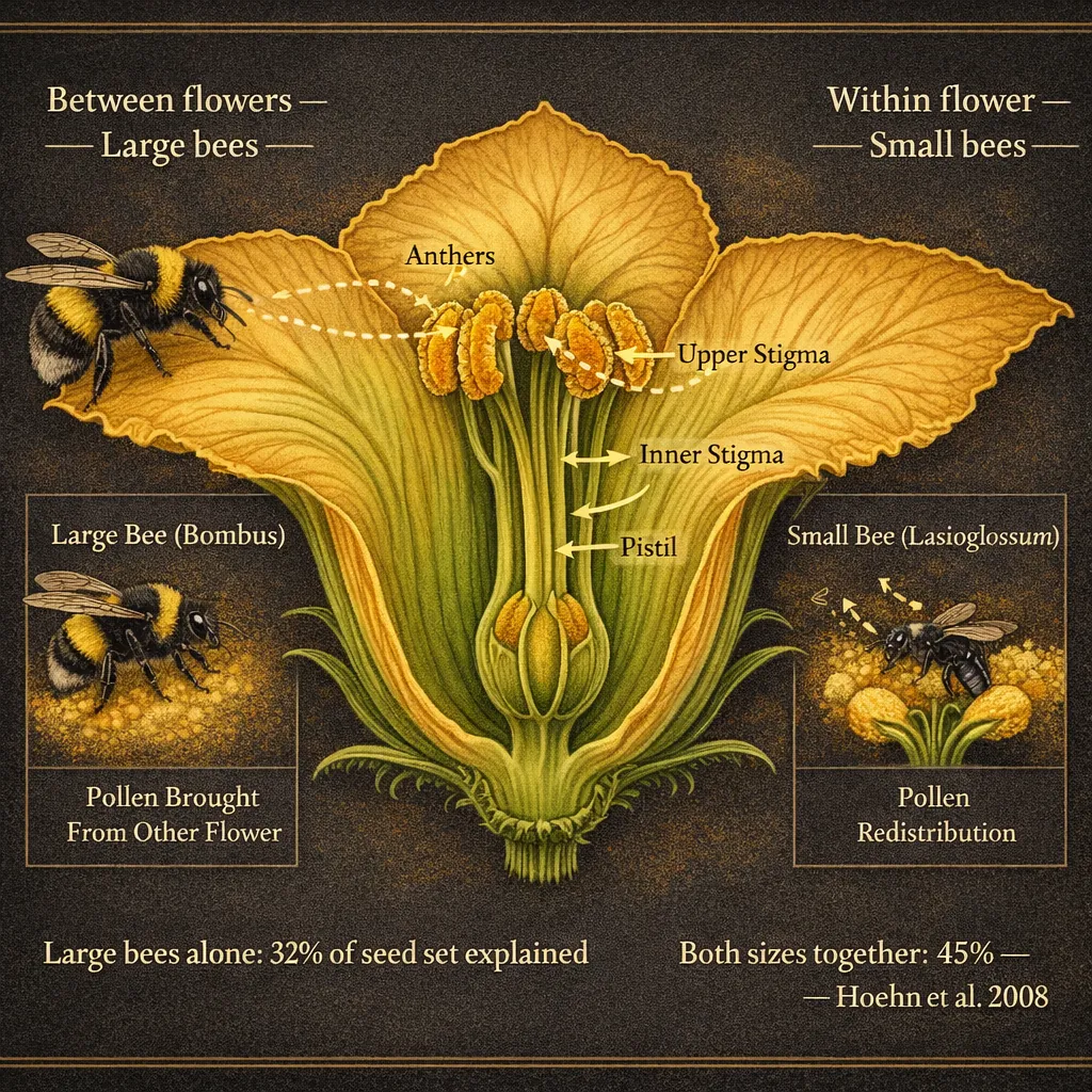 Cross-section of a pumpkin flower: large bumble bee touches outer anthers and stigma, transporting pollen between flowers; small sweat bee reaches deep inside to contact basal stigma, distributing pollen within the flower. Together they explain 45% of seed set.
